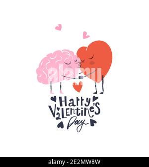 Cartoon Illustration of Heart and Brain. Heart and Brain are in love hold hands and kiss each other. Happy Valentines Day Card Stock Vector