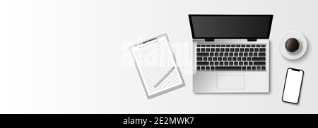 Flat lay minimal work space, Top view office desk with computer keyboard, clipboard and coffee cup on white color background with copy space, vector i Stock Vector