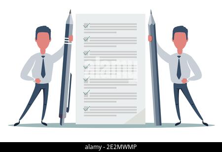 Happy people holding a pencil and a pen standing at completed checklist on clipboard. Vector flat illustration. Stock Vector