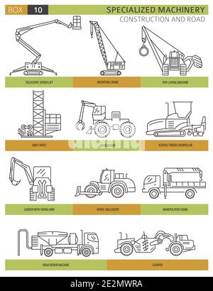 Special industrial construction and road machine linear vector icon set isolated on white. Illustration Stock Vector