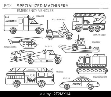 Specialized machines, emergency vehicles linear vector icon set isolated on white. Illustration Stock Vector