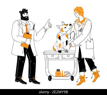 Veterinarians doctors examining the dog, cartoon doodle style vector illustration isolated. Stock Vector