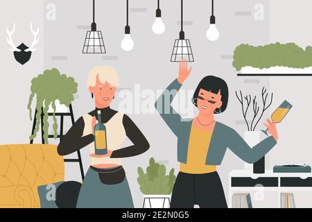 Girls drinking wine vector illustration. Cartoon adult woman characters have fun together at home party in living room interior, two lady friends drink alcohol wine beverage from glasses background Stock Vector