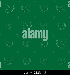 White minimalistic dove illustration vector seamless pattern on green background Stock Vector