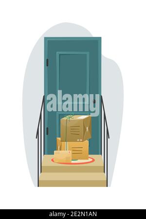 Delivery of parcels to the recipient's door. Parcels in boxes on the porch of the house. Mail delivery. Stock Vector