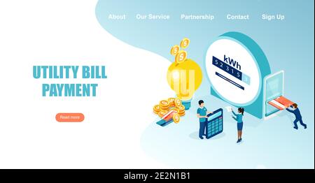 Vector landing page of people paying utility, electricity bills online Stock Vector