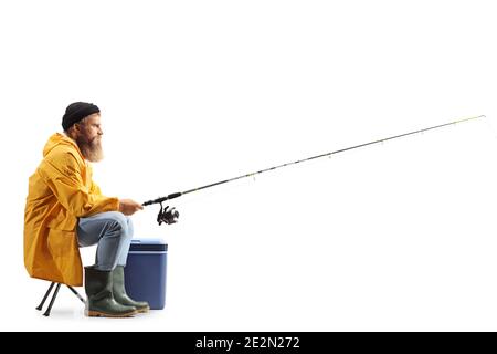 Man Uniform Fishing Rod Sits Felt Boots Chair Ice River Stock
