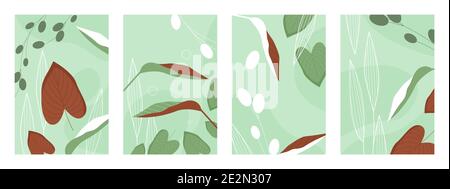 Leaves pattern vector illustration set. Abstract hand drawn green brown natural leaf plants, grass herbs in garden or meadow forest, different leaves in botanical vertical banner template collection Stock Vector