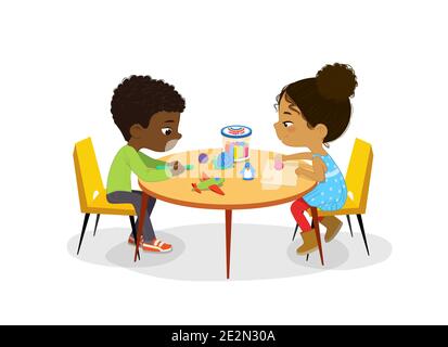 Multicultural Multi Aged Boys And Girls Sit At A Round Table Playing Games  Make Applique And Painting Kids Draw Pictures With Paints And Pencils  Creative Children Isolated Stock Illustration - Download Image