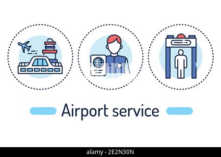 Airport service outline concept. Aviation line color icons. Pictograms for web page, mobile app, promo Stock Vector