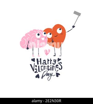 Cartoon Heart and Brain take selfie. Happy Valentines Day Design Stock Vector