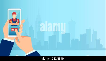 Vector of a business man using mobile app to request professional home repair services on a cityscape background Stock Vector