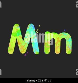 Letters M uppercase and lowercase with effect of liquid spots of paint in green, yellow, orange, blue colors, isolated on dark grey. Decoration element for design of a flyer, poster, title. Vector Stock Vector