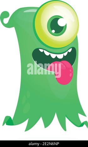 Happy cartoon flying monster with one eye. Vector illustration of funny ghost character Stock Vector