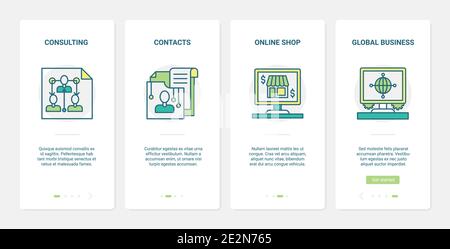 Finance consulting technology vector illustration. UX, UI onboarding mobile app page screen set with line financial consultant agency service, global business advice, online store consultancy symbols Stock Vector