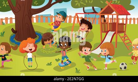 Grupo De Crianças Que Jogam O Jogo Em Um Parque Público Ou Playground Da  Escola Com Balanços, Slides, Skate, Bola, Lápis De Cor, Corda, Jogo Do  Catch-up. Infância Feliz. Ilustração Moderna. Clipart