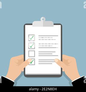 Clipboard checklist in the hand. Hand holding. Vector illustration Stock Vector