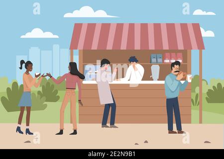People eat food from street market stall of pastry shop vector illustration. Cartoon man woman characters eating desserts food and drinking hot drinks, confectionery marketplace kiosk background Stock Vector