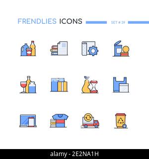 Waste sorting - modern line design style icons set. Recycling, eco lifestyle idea. Plastic, paper, metal, tin, glass, cardboard, organic, bags, e-wast Stock Vector