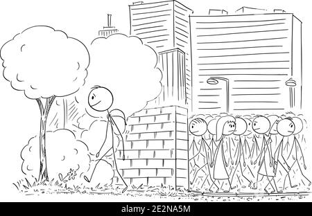 Vector cartoon stick figure illustration of man leaving the big city with crowds and walking on trip in nature. Stock Vector