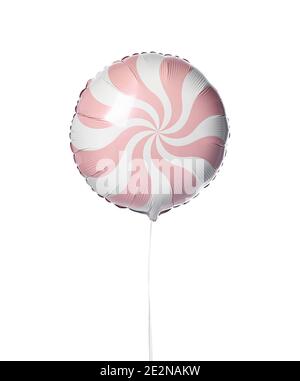 Single pink big round candy lollypop balloon ballon object for birthday isolated on a white  Stock Photo