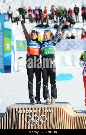 Germany's Claudia Nystad and teammate Evi Sachenbacher-Stehle celebrate after winning the Cross country Women's Team Sprint Free for the Vancouver 2010 XXI Olympic Winter Games at Whistler Olympic Park in Whistler, Canada on February 22, 2010. Photo by Gouhier-Hahn-Nebinger/ABACAPRESS.COM Stock Photo