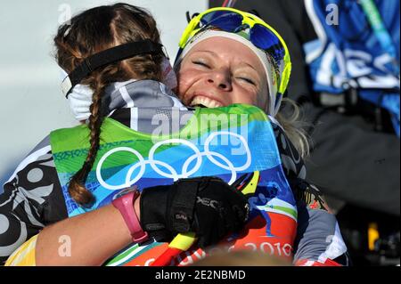 Germany's Claudia Nystad and teammate Evi Sachenbacher-Stehle celebrate after winning the Cross country Women's Team Sprint Free for the Vancouver 2010 XXI Olympic Winter Games at Whistler Olympic Park in Whistler, Canada on February 22, 2010. Photo by Gouhier-Hahn-Nebinger/ABACAPRESS.COM Stock Photo