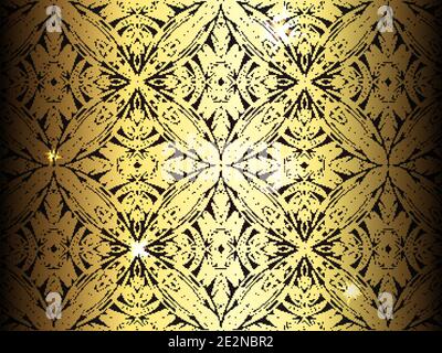 Luxury doodle flower pattern with ornaments. Golden kaleidoscope wallpaper with sparkle. Vector vintage natural texture. Fabric with boho petals. Geom Stock Vector