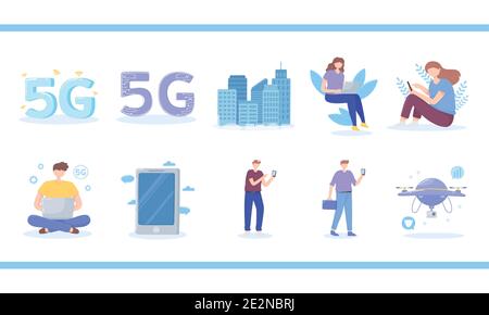 people using 5G internet, innovative technologies fast connection icons vector illustration Stock Vector