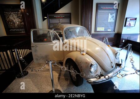 Ted BundyÍs VW Beetle on display at the National Crime and Punishment Museum on February 22, 2010 in Washington, DC. Bundy's beat up 1968 Volkswagen Beetle was integral to his serial murders. He used it both as a ruse to lure unsuspecting victims and a murder site. Photo by Olivier Douliery /ABACAPRESS.COM Stock Photo