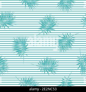 Seamless striped pattern with palm branches of turquoise color on white background. Summer tropical vector ornament. Floral texture Stock Vector