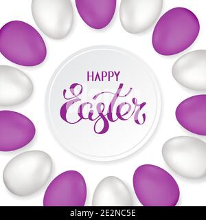 Magenta title of Happy Easter in round frame with border of colored and white Easter eggs on white background. Invitation background. Template design, Stock Vector