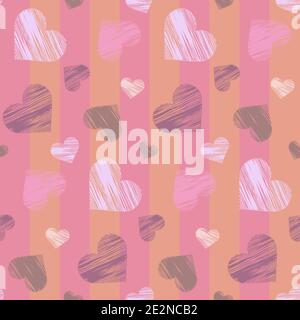 seamless pattern of pink white and gray hearts in the form of doodle on a striped pink background Stock Vector