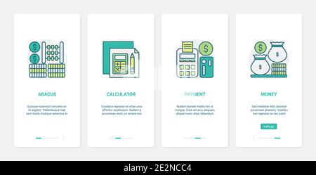 Finance methods of counting money payment vector illustration. UX, UI onboarding mobile app page screen set with line financial online technology to count profit, pay in bank, abacus calculator symbol Stock Vector