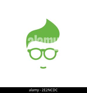 Silhouette of man s head in hipster glasses. Green simple avatar. Eco friendly. Go green. Nature love. Isolated on white. Vector flat illustration. Stock Vector