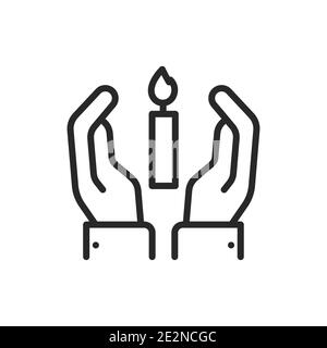 Hands holding condolence candle color line icon. Isolated vector element. Stock Vector