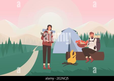 People in summer nature camping vector illustration. Cartoon young couple tourist characters sitting by tent and camp fire, man holding basket with edible mushrooms, woman with firewood background Stock Vector