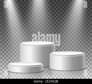 Museum exposition, blank product round stands. Three realistic vector round podiums with spot lights and transparent background. Stock Vector