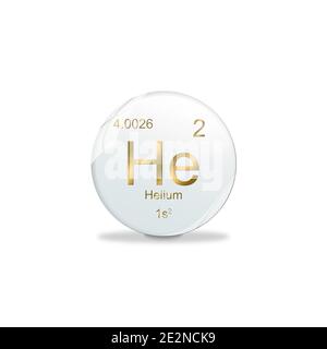 Helium symbol - He. Element of the periodic table on white ball with golden signs. White background Stock Photo