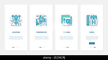 Gps navigation service technology vector illustration. UX, UI onboarding mobile app page screen set with line tourism symbols for finding location, travel direction, tourist car parking or hotel Stock Vector