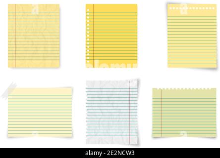 Set paper, lined paper and notebook paper on blank background Stock Vector