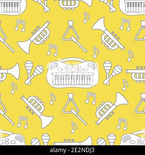 Vector seamless pattern with children's musical toys. Illustration with musical instruments. Maracas, synthesizer, trumpet, triangle and notes. Toys f Stock Vector
