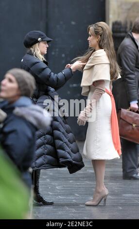 Angelina Jolie on the set of her new movie, The Tourist, in Paris, France on February 25, 2010. Jolie plays an Interpol agent who uses an American tourist (Johnny Depp) in an attempt to flush out a criminal with whom she once had an affair. Photo by ABACAPRESS.COM Stock Photo