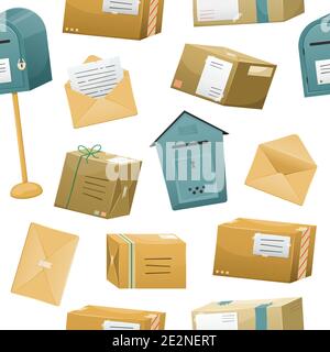 A seamless pattern with postal parceles in a boxes with a delivery address and envelopes. Mail delivery. Stock Vector