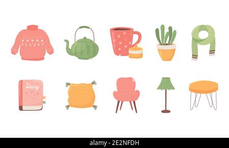 sweater teapot coffee cup plant scarf book chair lamp table icons collecyion cartoon hygge style vector illustration Stock Vector