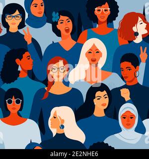 Female diverse faces of different women seamless pattern. Vector seamless pattern Stock Vector