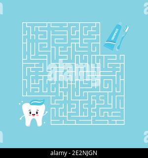 Cute tooth and toothpaste with toothbrush maze game labyrinth. Stock Vector