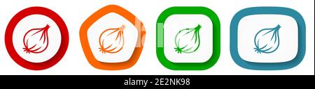 Fresh onion, vegetable vector icon set, flat design buttons on white background Stock Vector