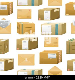 A seamless pattern with postal parceles in a boxes with a delivery address and envelopes. Mail delivery. Stock Vector