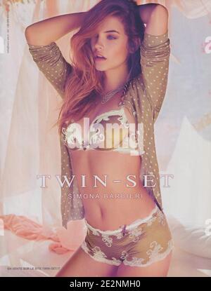 poster advertising Twin Set fashion house with Barbara Palvin in paper magazine from 2014 year, advertisement, creative Twin-Set advert from 2010s Stock Photo